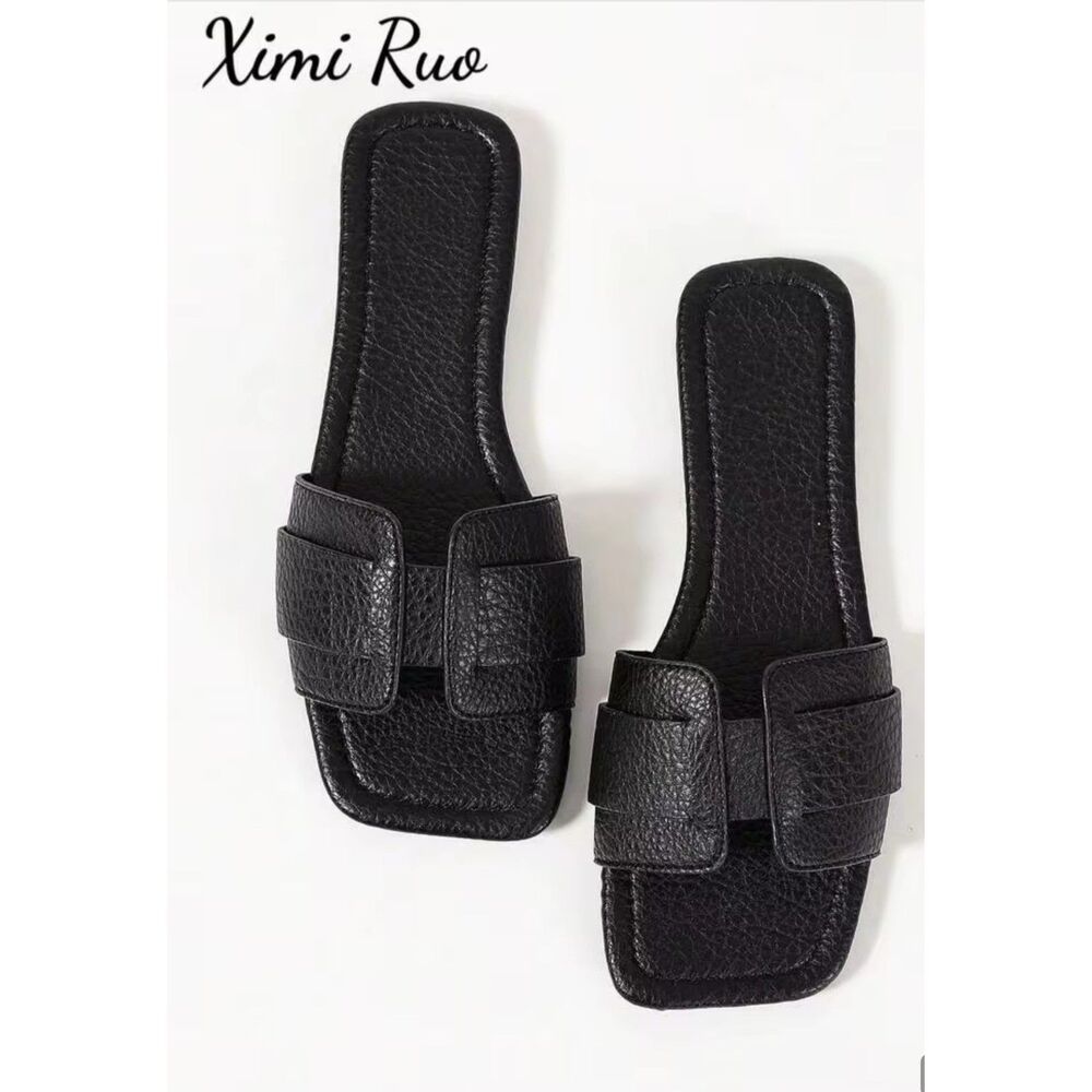 Ximi Ruo Black Flat Slide Sandals Women's Size 7 CN38 Square Toe New